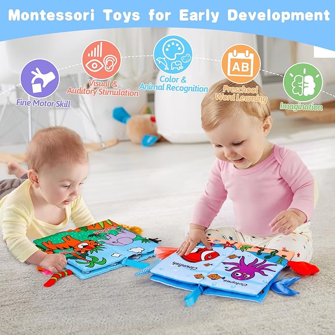 2PCS Baby Books 0-6 Months Tummy Time Infant Toys 0-3 Months High Contrast Baby Sensory Toys 3-6 6-12 Months Newborn Essentials Must Haves Crinkle Touch Feel Busy Soft Books for Babies Shower Gifts-CubbioJoy