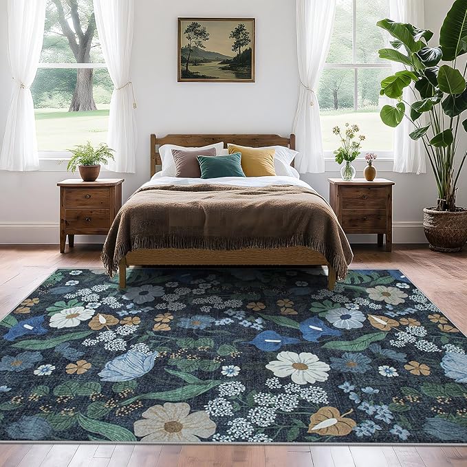 Area Rug Living Room Rugs: 5x7 Washable Rug Vintage Floral Soft Boho Non Slip Carpet Indoor Floor Non Shedding Low Pile Thin Carpets for Bedroom Dining Room Farmhouse Nursery Home Office Blue-CubbioJoy
