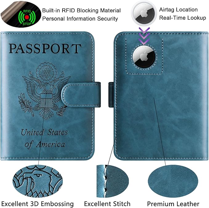 Airtag Passport Holder Cover Wallet Travel Essentials Leather Rfid Blocking Case Vacation Luggage Must Haves Travel Accessories for Men Women (117#Blue)-CubbioJoy