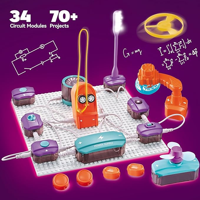 Circuit Board for Kids, SMILESSKIDDO 34 PCS DIY Electronics Exploration Kit with 70+ Projects, Physics Science Experiments Kit, School Family STEM Kits Educational Toy Gift for Kids 6+-CubbioJoy