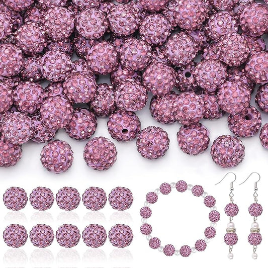 160pcs 10mm Rhinestone Beads for Jewelry Making, Light Purple Shiny Round Disco Beads Bulk, Sparkle Crystal Clay Christmas for Bracelet Baseball Necklace Earring Crafting and DIY-CubbioJoy