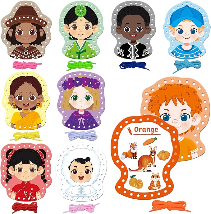 9 Pieces Happy Face Lacing Cards, 9 Double Sided Color Sewing Cards with 9 Colorful Laces, Educational & Learning Activity Games, Imagination Development Lacing Toys for Preschoolers, Kids-CubbioJoy