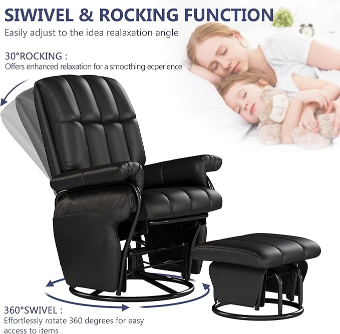 AODAILIHB Swivel Glider Recliner with Ottoman, 360 Rocking Chair with Foot Rest Recliner Chair Indoor Rocking Chair with Side Pockets Nursery Chairs for Living Room, Bedroom, Office (Black)-CubbioJoy