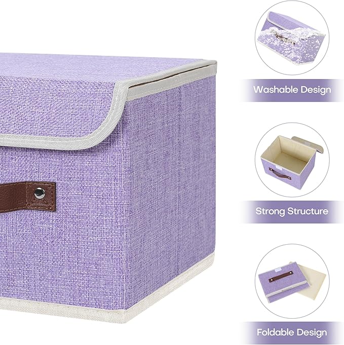 ANMINY 2PCS Storage Bins with Lid PU Leather Handles Storage Boxes PP Plastic Board Decorative Foldable Lidded Cotton Linen Fabric Home Cubes Baskets Closet Organizer Containers - Purple, Small Size-CubbioJoy
