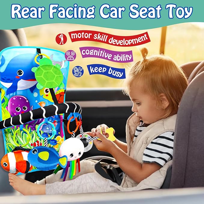 Baby Car Seat Ocean Animals Toys - Kick and Play Double Sided Infant Car Seat Toys with Plush Toys, Mirror, Teether for Baby Travel Activities, Christmas Birthday Gifts Newborn Infant Toy-CubbioJoy