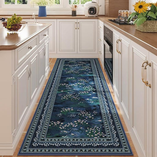 2x6 Runner Rug Impressionist-Style Vintage Kitchen Rugs Non Slip Washable Soft Carpet Runner for Kitchen Laundry Bedroom Bathroom, Blue-CubbioJoy