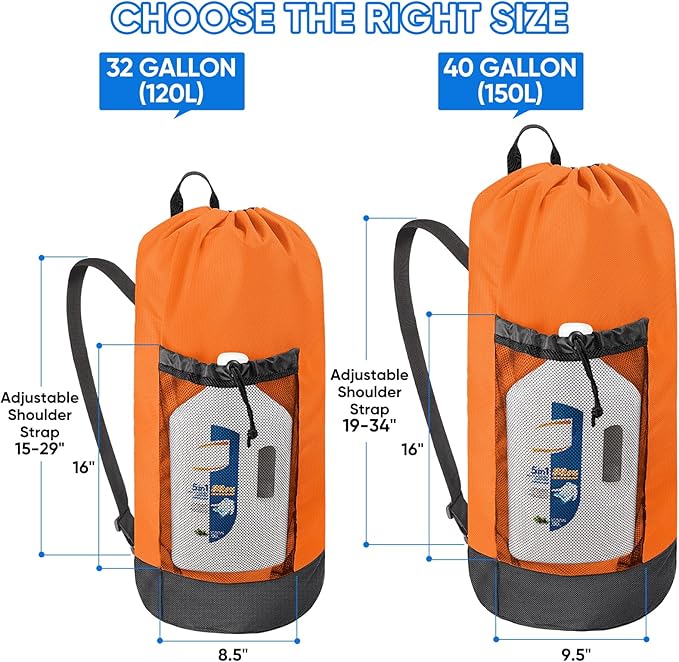 BALEINE 150L Laundry Bag Backpack, 900D Oxford Fabric Large Travel Laundry Bags with Shoulder Straps and 2 Mesh Pockets for College Dorm, Apartment, Laundromat (Orange, 150L)-CubbioJoy