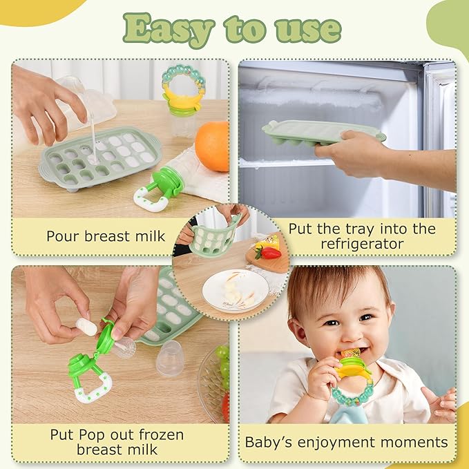 Baby Fruit Feeder & Baby Breastmilk Popsicle Molds-WAJIAYON Silicone Babies Food Freezer Tray Storage Containers, Infant Food Pacifier Feeder and Teether Infant Teething Feeders-Green-CubbioJoy