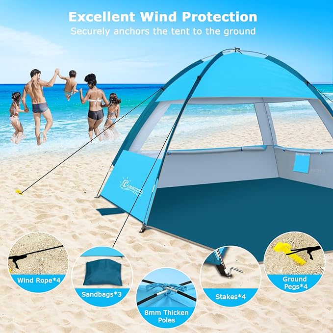 COMMOUDS Beach Tent Sun Shade for 3/4-5/6-7/8-10 Person, UPF 50+ Beach Sun Shelter Canopy Tent, Lightweight, Easy Set Up and Carry-CubbioJoy