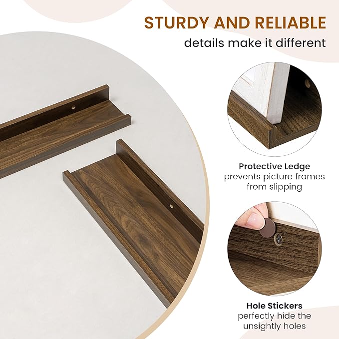 Axeman Picture Ledge Shelf, Floating Shelves for Wall Decor Storage Set of 6, 55 inch Floating Wall Mounted Shelves, Wall Shelves with Lip for Living Room, Bedroom, Nursery, Bathroom, Kitchen, Walnut-CubbioJoy