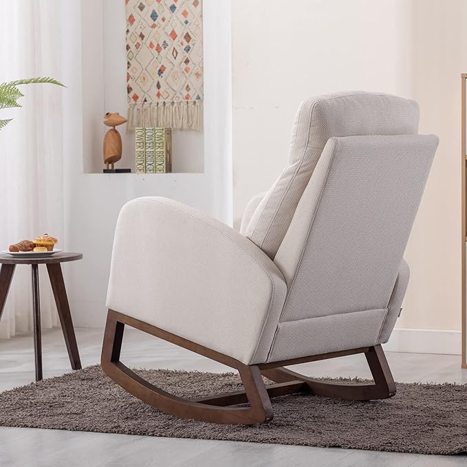 Dolonm Nursery Rocking Chair for Living Room, Upholstered Mid-Century Modern Nursery Rocking Armchair Tall Back Accent Glider Rocker, Beige-CubbioJoy