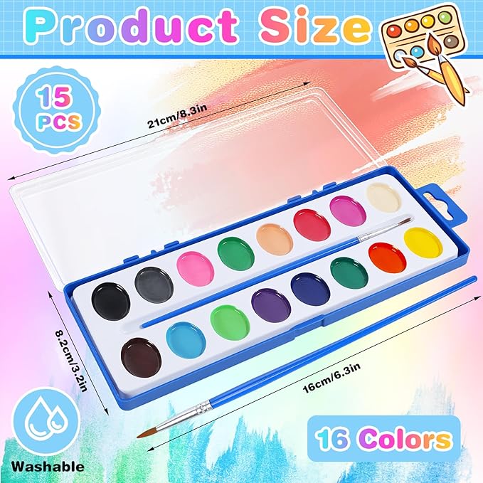 15 Pack Watercolor Paint Set for Kids, 16 Colors Washable Water Colors with Paint Brushes, Washable for Classroom Party Favor Art Activities-CubbioJoy