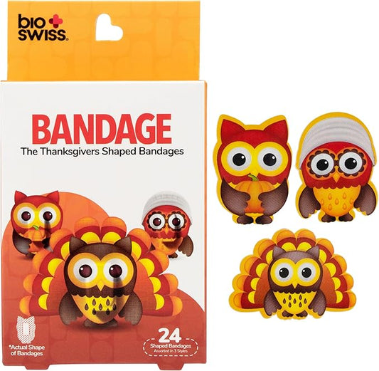 BioSwiss Bandages, Thanksgiving Shaped Self Adhesive Bandage, Latex Free Sterile Wound Care, Fun First Aid Kit Supplies for Kids and Adults, 24 Count-CubbioJoy