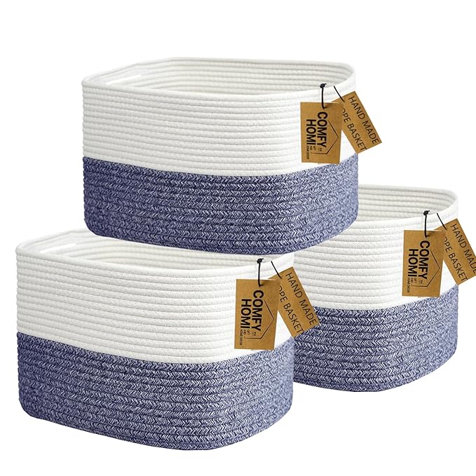COMFY-HOMI 3 Pack Medium Cotton Rope Basket with Handles for Shelves, Dog Toy, Baby, Gift Organizing, Handwoven Craft - New Generation 13.5" x 11" x 9.5" (Navy Blue)-CubbioJoy