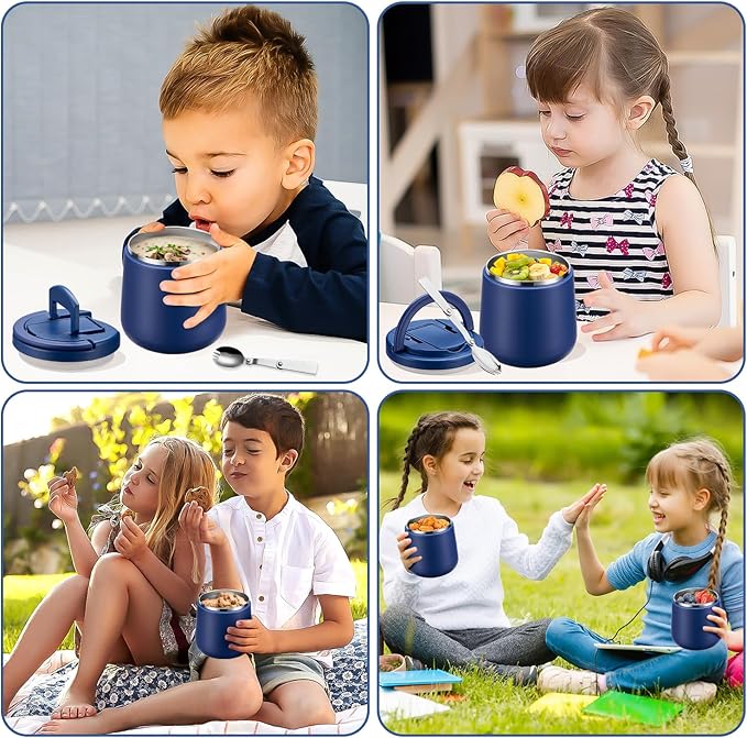 20oz Insulated Vacuum Food Jar with Buckle Lid,Soup Thermo for Hot Food Kids,Wide Mouth Leakproof Stainless Steel Lunch Container with Spoon-Blue-CubbioJoy