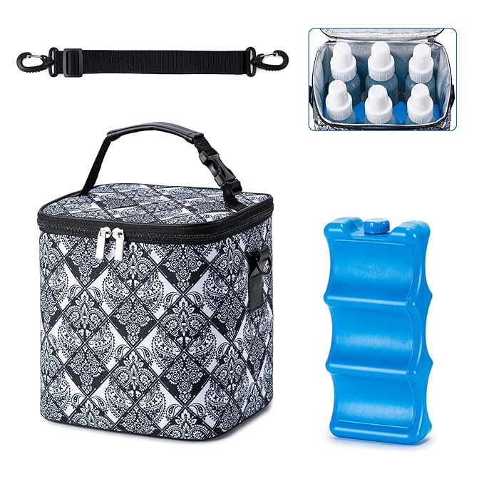 Breastmilk Cooler Bag with Ice Pack Fits 6 Baby Bottles Up to 9 Ounce, Baby Bottle Bag with Shoulder Strap for Nursing Mom Daycare, Black-CubbioJoy