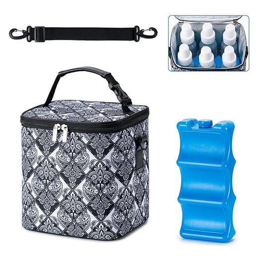 Breastmilk Cooler Bag with Ice Pack Fits 6 Baby Bottles Up to 9 Ounce, Baby Bottle Bag with Shoulder Strap for Nursing Mom Daycare, Black-CubbioJoy