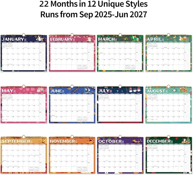 Calendar 2025-2027 22 Monthly Wall Calendar Runs from September 2025 until June 2027 Spiral Binding Hanging 11.5" x 14.7" Thick Paper with Julian Dates and Block for School Office（Festive)-CubbioJoy