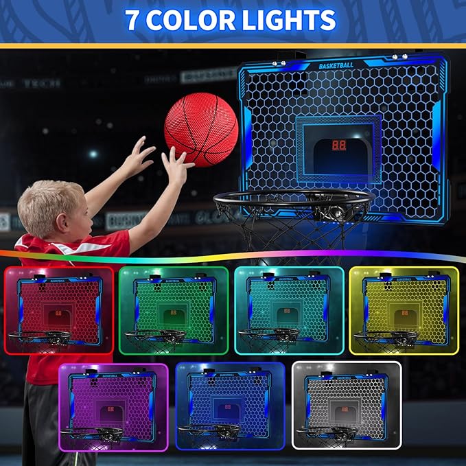 Basketball Hoop Indoor, Mini Basket Ball Hoop with 7 LED Lighting, Scoreboard, Over Door Basketball Hoop with 3 Modes, Volume Adjustable, Foldable, Basketball Toys Gifts for Kids Adults (Blue)-CubbioJoy