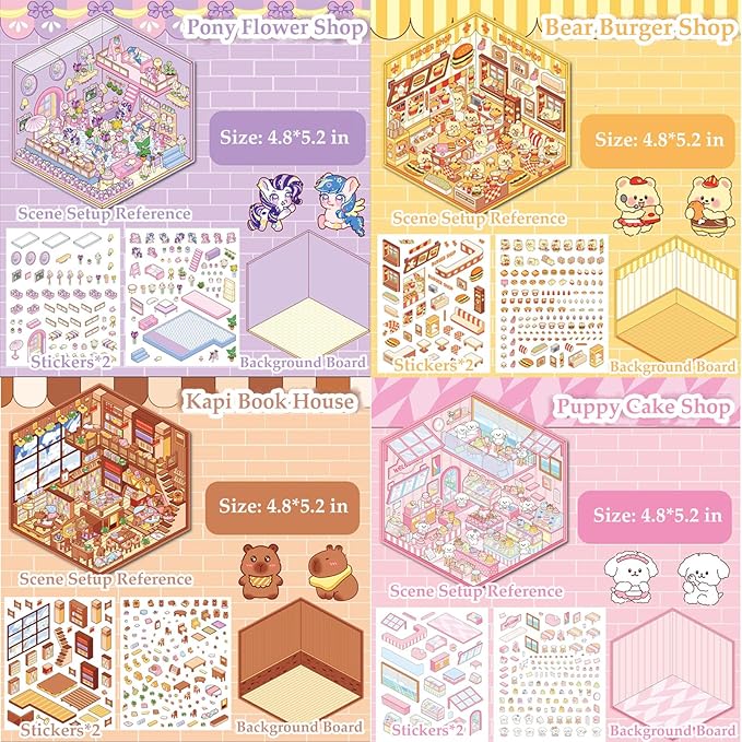 4 Sets DIY 3D House Sticker Make Your Own Mini Flower Shop, Bookstore, Cake Shop, Burger Shop Scenes Stickers for Kids Cartoon Scene Stickers for Adult Relief Stress Pass The Time-CubbioJoy