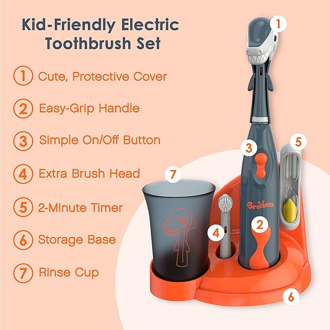 Brusheez Kids’ Electric Toothbrush Set - Safe & Effective for Ages 3+ - Parent Tested & Approved with Gentle Bristles, 2 Brush Heads, Rinse Cup, 2-Minute Timer, & Storage Base (Shadow The Shark)-CubbioJoy