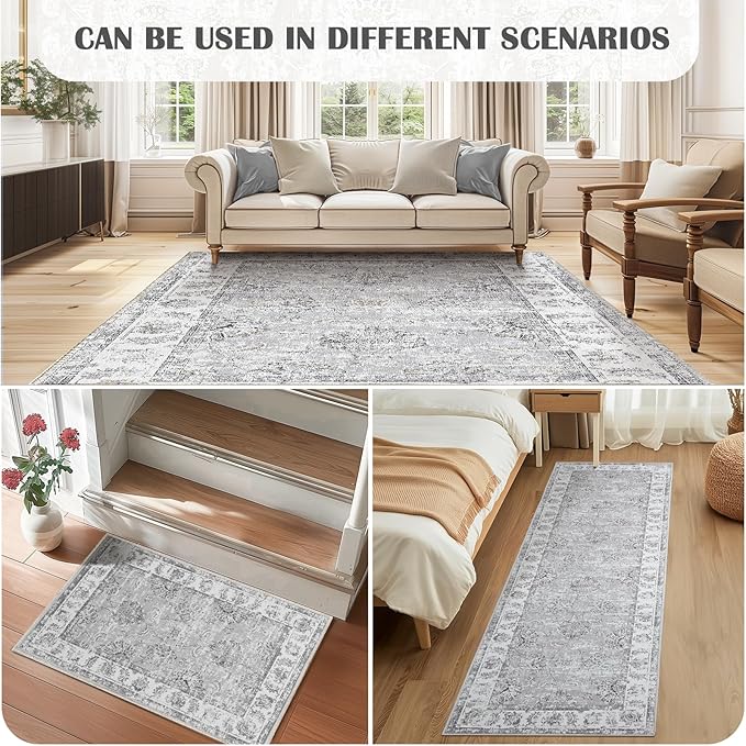 jinchan Runner Rug 3x10-2pcs Kitchen Washable Vintage Hallway Rug Floral Print Floor Cover Indoor Thin Retro Mat Accent for Bathroom Laundry Room Bedroom Office Farmhouse (Double,Grey)-CubbioJoy