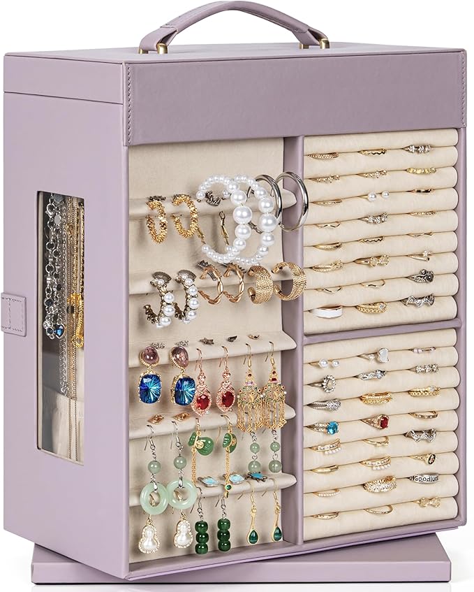AKOZLIN 360° Rotating Jewelry Box 6-Tier Organizer Functional Jewelry Storage Case for Women Girls Ring Necklace Earring Bracelet Holder with Mirror Purple-CubbioJoy