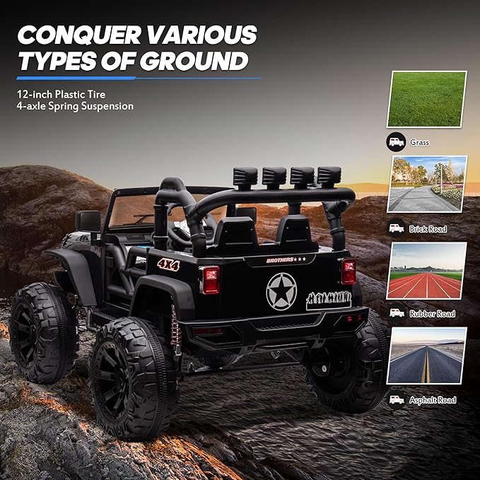 24V 9Ah Ride on Toy for Big Kids, 4WD 2 Seater Ride on Car Truck with Remote Control, 4x200W Motor - Black-CubbioJoy