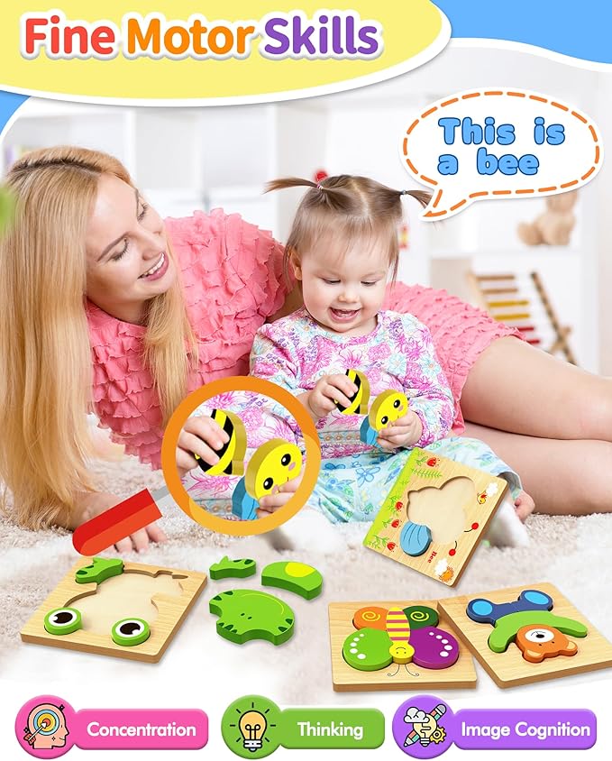 Bekayshad Wooden Puzzles Toddler Toys Gifts for 1 2 3 Year Old Boys Girls, 8 Pack Animal Jigsaw Puzzles Montessori Toys, Learning Educational Christmas Birthday Gifts for Girls Boys Ages 1-3-CubbioJoy