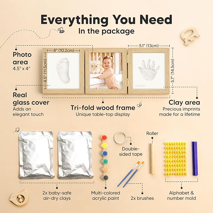 Baby Shower Gifts for Boys, Girls - Baby Hand and Footprint Kit, Newborn Handprint Kit, Keepsake Photo Frame, Nursery Picture Frame, Gender-Neutral Newborn Keepsake Gifts (Ash Wood)-CubbioJoy