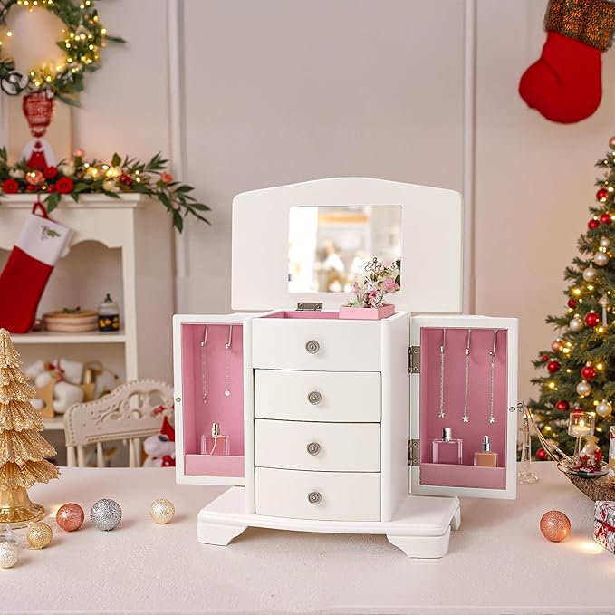 Jewelry Box,White Wooden Jewelry Box With Top Mirror, Jewelry Organizer Wooden Is Suitable For Storing Rings,Bracelets,Necklaces Etc-CubbioJoy