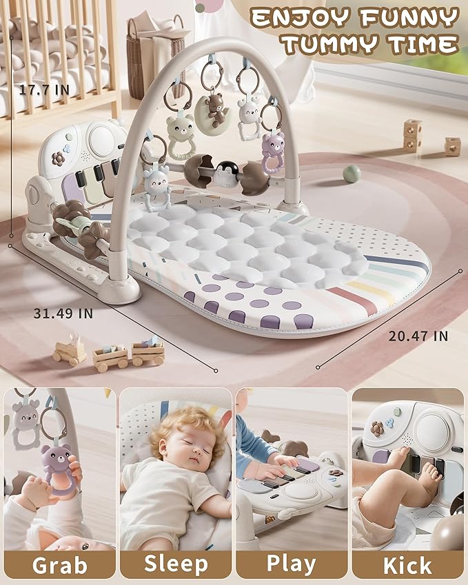 Baby Gym with Kick and Play Piano, Baby Play Mat Tummy Time Activity Gym Mat with 5 Infant Sensory, Music & Lights Boy or Girl for Newborn 0 to 3 6 9 12 Months-CubbioJoy