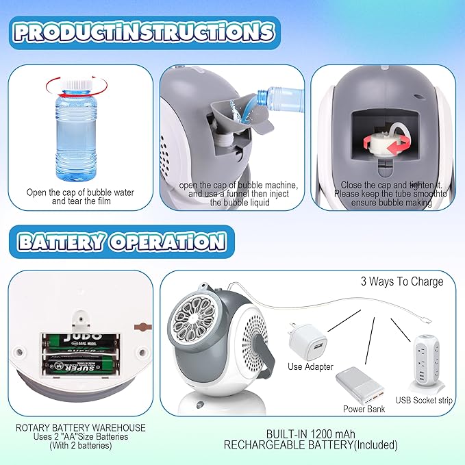 Big Bubble Machine - Automatic Bubbles Blower for Kids, Toddlers - 360° Oscillation & 75° Adjustment, Bubble Toys with LED Light - Gifts for Boys, Girls, Easter, Outdoor, Birthday, Party Use-CubbioJoy