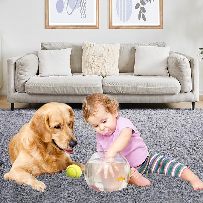 8x10 Grey Fluffy Rug, Ultra Soft Area Rugs for Living Room, Plush Indoor Carpet, Anti-Skid High Pile Luxury Rugs for Bedroom, Nursery, Kids Room, Playroom, Home Decor-CubbioJoy