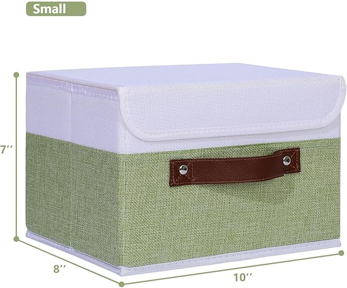 ANMINY 4PCS Storage Boxes with Lid Washable Decorative Storage Bins Basket with PU Leather Handle Foldable Linen Fabric Storage Cubes Containers for Home Closet Organizer - Green White, Small Size-CubbioJoy