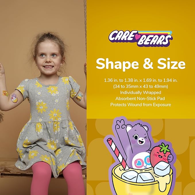 BioSwiss Care Bears Bandages, Sweet and Sour Care Bear Shaped Self Adhesive Bandage, Latex Free Sterile Wound Care, Fun First Aid Kit Supplies for Kids, 24 Count-CubbioJoy