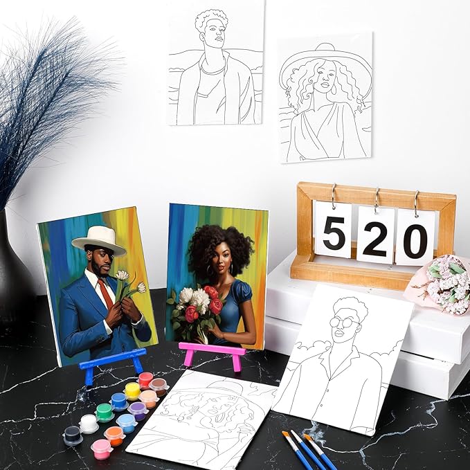Blosssound 10 Set Pre Printed Canvas Pre Drawn Canvas Painting with Easel Kits 5" x 7" Outline Painting Panels for Beginners, DIY Craft Project, Party Favor, Home Decors(Black Couple)-CubbioJoy