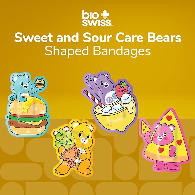 BioSwiss Care Bears Bandages, Sweet and Sour Care Bear Shaped Self Adhesive Bandage, Latex Free Sterile Wound Care, Fun First Aid Kit Supplies for Kids, 24 Count-CubbioJoy