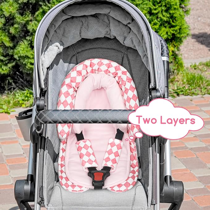 Baby Car Seat Head Support for Newborn, GFU 2 in 1 Infant Car Seat Head Body Support with Strap Pads, Soft Stroller Cushion Pillow Insert for Girls, Fits for Stroller, Swing, Pink-CubbioJoy