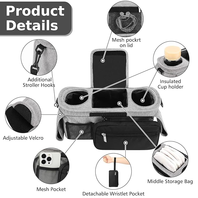 Accmor Universal Stroller Organizer with Insulated Cup Holder Detachable Phone Bag and Shoulder Strap,Stroller Bag Caddy Organizer Fits for Uppababy, Baby Jogger, Britax Strollers-CubbioJoy
