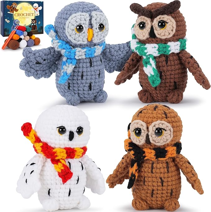 Crochet Kit for Beginners - 4 PCS Owl Crochet Kit with Step-by-Step Video Tutorials, Beginner Crochet Kits for Adults, Crochet Animal Kit for Kids, Crochet Magical Owls Set (White&Brown&Gray&Coffee)-CubbioJoy