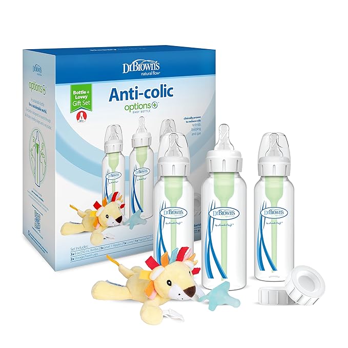 Dr. Brown's Natural Flow® Anti-Colic Options+™ Narrow 8oz/250mL Baby Bottle + Lovey Gift Set with Level 1 Slow Flow Nipples-CubbioJoy