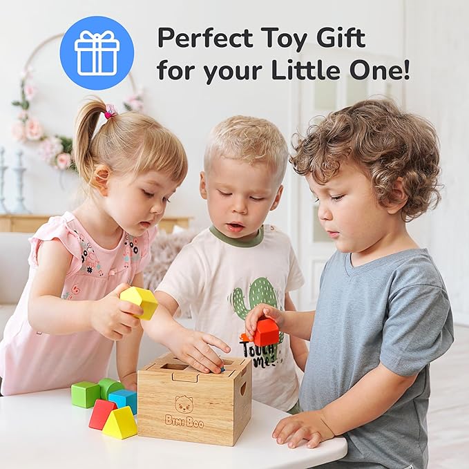 Bimi Boo Wooden Shape Sorter Toy for Babies - Premium Simple Sorting Box with Noise-Reducing Silicone Pad - Classic Montessori Toy for Toddlers (8 Various Blocks, 1 Box, 1 Silicone Pad)-CubbioJoy