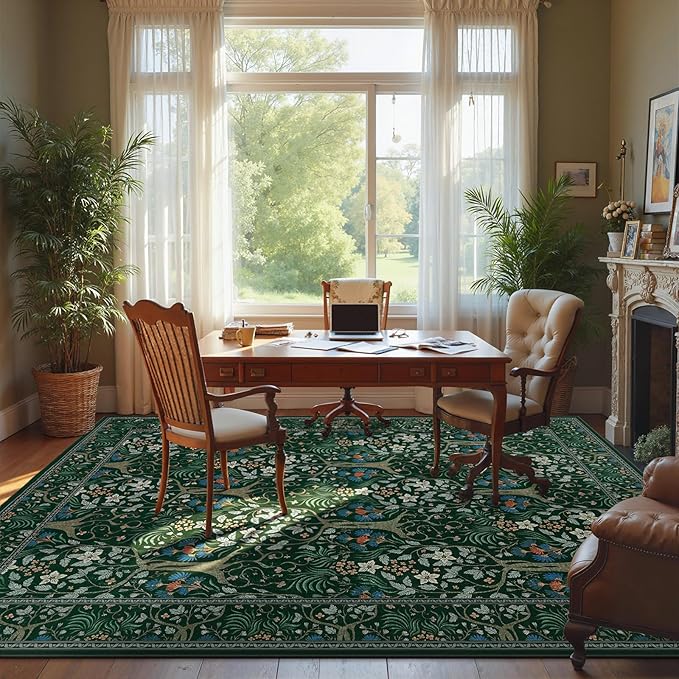 Joydeco Boho Floral 8x10 Area Rugs for Living Room, Washable Dark Green Rug Non Slip, Soft Large Low-Pile Botanical Forest Indoor Floor Throw Carpet for Bedroom Nursery Dining Office-CubbioJoy