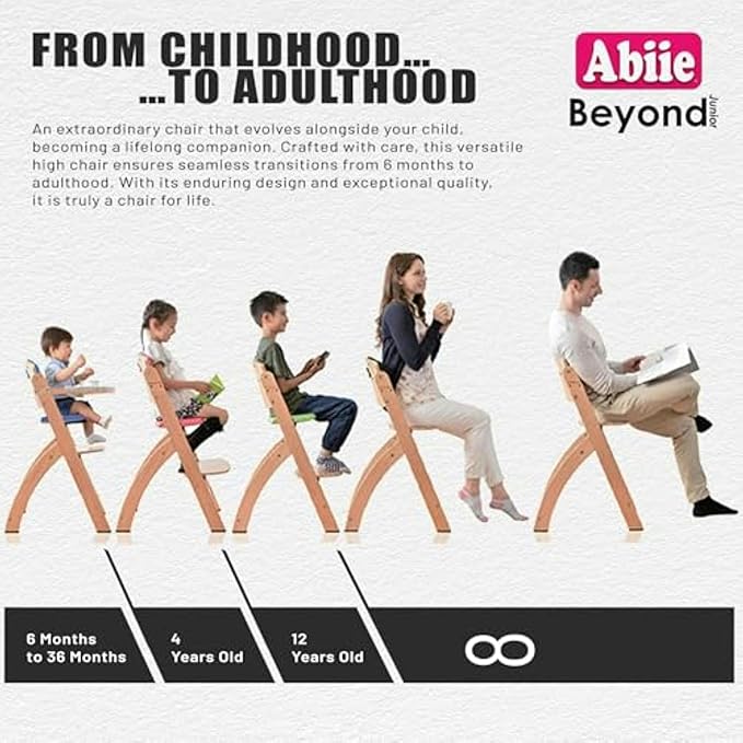 Abiie Beyond Junior Wooden High Chair with Tray - Adjustable and Convertible High Chair for Babies and Toddlers - 6 Months to 250 Lb - Water Resistant - Natural Wood/Olive Cushion-CubbioJoy
