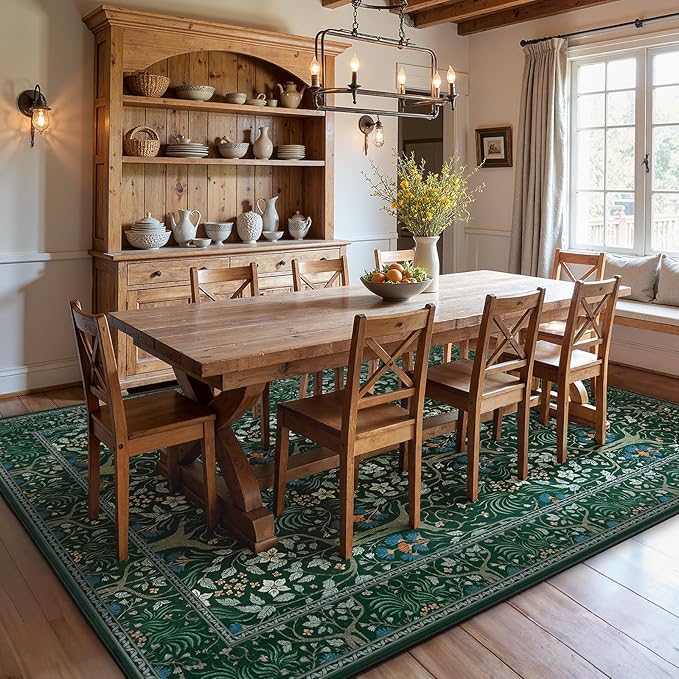 Joydeco Boho Floral 8x10 Area Rugs for Living Room, Washable Dark Green Rug Non Slip, Soft Large Low-Pile Botanical Forest Indoor Floor Throw Carpet for Bedroom Nursery Dining Office-CubbioJoy