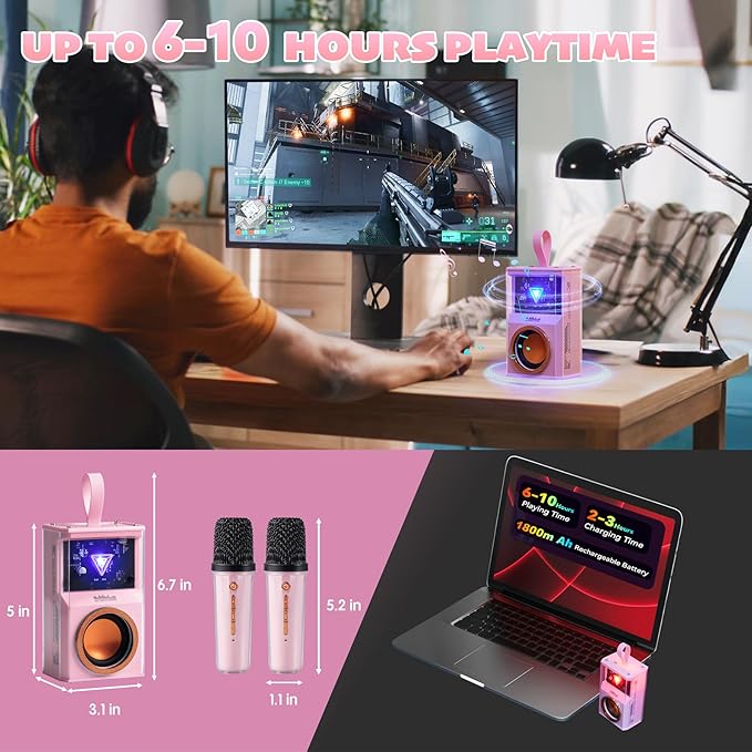 Karaoke Machine for Kids & Adults, Portable Bluetooth Mini Karaoke Speaker with 2 Wireless Microphone and Lights, Birthday Gifts for Girls & Boys, Toys for Girls, Family Home Party (Pink)-CubbioJoy