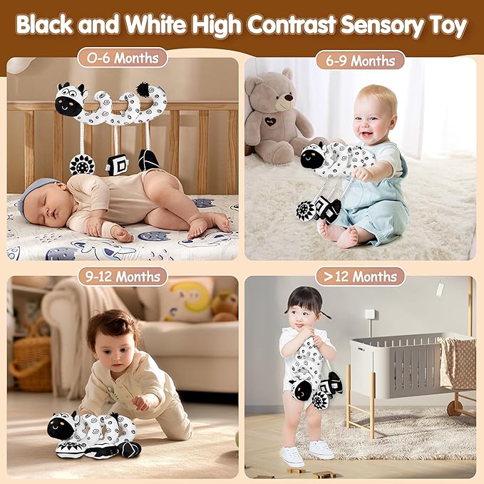 Car Seat Toys for Babies 0-6 Months,Hanging Rattle Toys for Crib Mobile, Baby Spiral Hanging Stroller Black and White High Contrast Toys for Newborn 0 3 6 9 12 Months Baby Boys Girls (Cow)-CubbioJoy