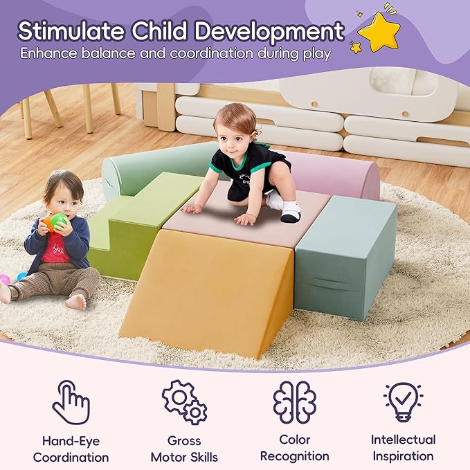 6 Piece Foam Climbing Blocks for Toddlers, Baby Climbing Gym with Ultra High Density Foam for Crawling and Sliding, Indoor Soft Play Set for Infant, Babies & Kids (Multicolor A, 6-Piece)-CubbioJoy