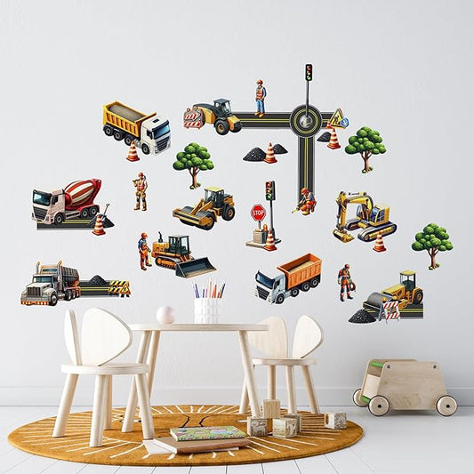 Construction Car Wall Decals for Boys by Lipastick - Road, Trucks, Tractors, Excavators Wall Stickers for Kids Bedroom, Nursery, Playroom - Peel and Stick Transport Themed Wall Decals - L Size-CubbioJoy